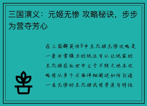 三国演义：元姬无惨 攻略秘诀，步步为营夺芳心