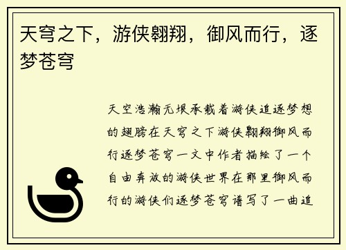 天穹之下，游侠翱翔，御风而行，逐梦苍穹